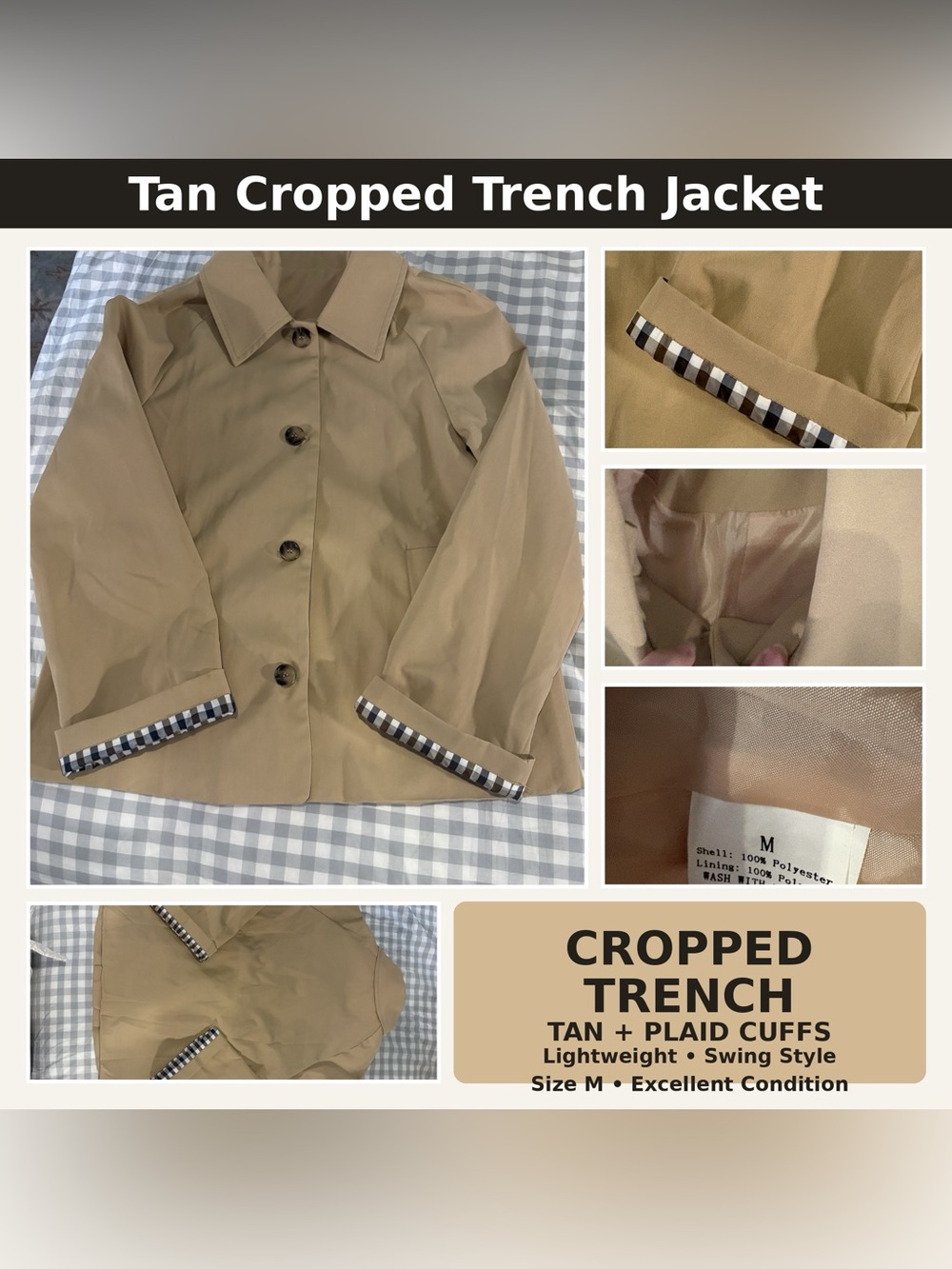 Tan Cropped Trench Jacket Plaid Cuff Detail Lightweight Swing Style